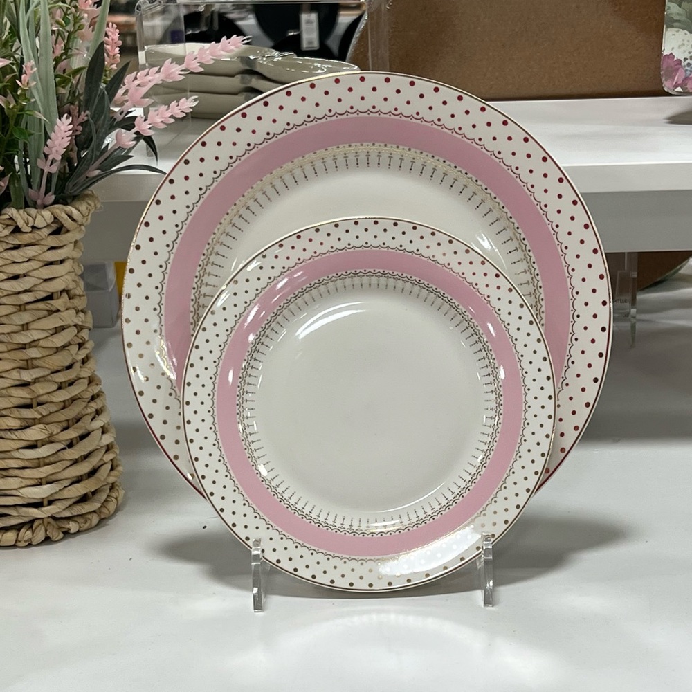 Single Grace Teaware 8 in. Salad Plate Pink Gold Stripe Dots Porcelain Plates